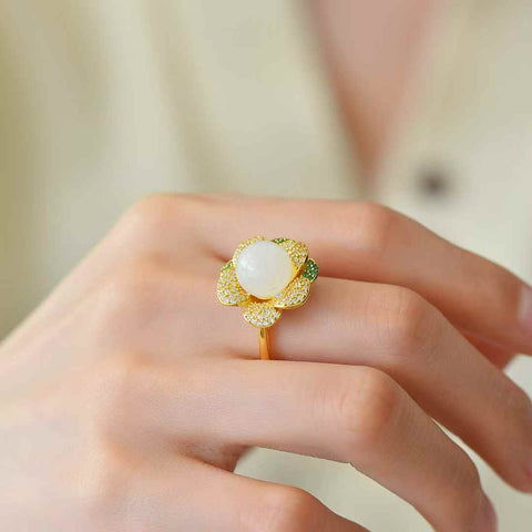 1603-2#925 perak bertatahkan giok Hetian manik-manik giok putih bunga cincin zirkon (emas tebal) gaya baru, gioknya hangat dan halus, efek pemakaiannya menarik perhatian Spesifikasi giok: (10*10) termasuk pajak pengiriman