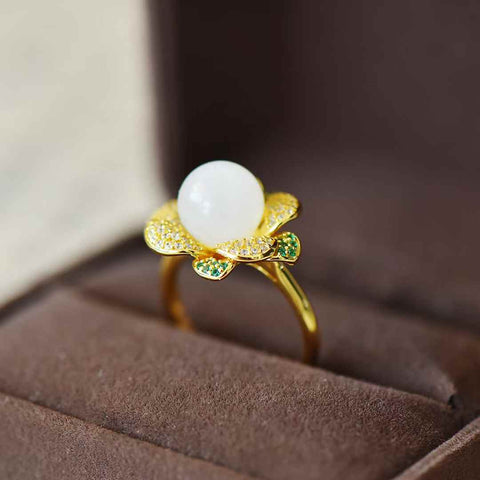 1603-2#925 perak bertatahkan giok Hetian manik-manik giok putih bunga cincin zirkon (emas tebal) gaya baru, gioknya hangat dan halus, efek pemakaiannya menarik perhatian Spesifikasi giok: (10*10) termasuk pajak pengiriman
