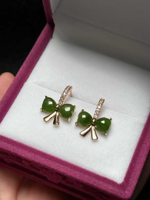 Anting-anting "busur" giok Hetian berwarna perak 925 bertatahkan 🎀 anting berbentuk hati Desain [Kembang Api] Giok halus, pengerjaan indah, sederhana dan murah hati Ukuran keseluruhan: kira-kira: 18×13㎜ Termasuk pengiriman dan pajak