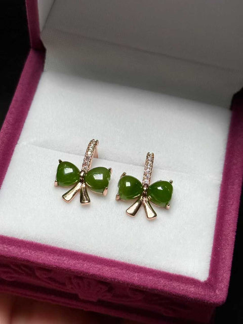 Anting-anting "busur" giok Hetian berwarna perak 925 bertatahkan 🎀 anting berbentuk hati Desain [Kembang Api] Giok halus, pengerjaan indah, sederhana dan murah hati Ukuran keseluruhan: kira-kira: 18×13㎜ Termasuk pengiriman dan pajak