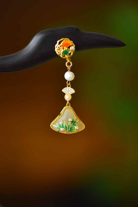 7901-2-2#925 Jepit Rambut Kipas Bertahtakan Perak Giok Hetian (12*16) dengan Cabochon Mutiara Enamel Daun Bambu, Jepit Rambut Ebony Elegan (termasuk ongkos kirim dan pajak)