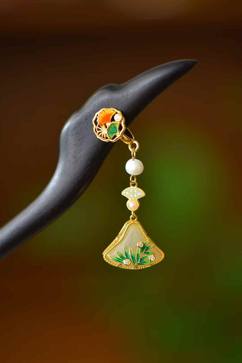 7901-2-2#925 Jepit Rambut Kipas Bertahtakan Perak Giok Hetian (12*16) dengan Cabochon Mutiara Enamel Daun Bambu, Jepit Rambut Ebony Elegan (termasuk ongkos kirim dan pajak)