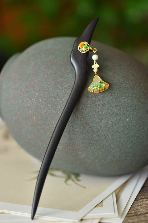 7901-2-2#925 Jepit Rambut Kipas Bertahtakan Perak Giok Hetian (12*16) dengan Cabochon Mutiara Enamel Daun Bambu, Jepit Rambut Ebony Elegan (termasuk ongkos kirim dan pajak)