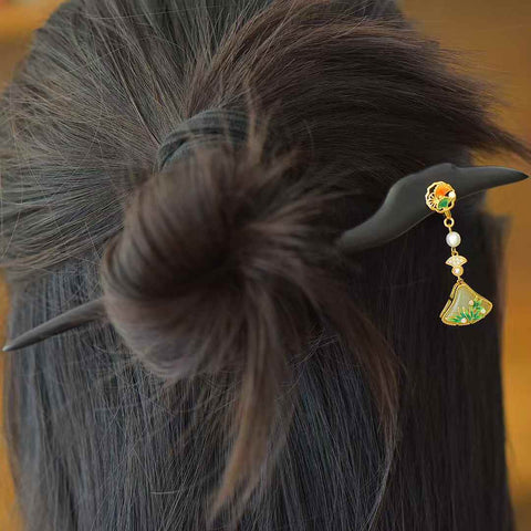 7901-2-2#925 Jepit Rambut Kipas Bertahtakan Perak Giok Hetian (12*16) dengan Cabochon Mutiara Enamel Daun Bambu, Jepit Rambut Ebony Elegan (termasuk ongkos kirim dan pajak)