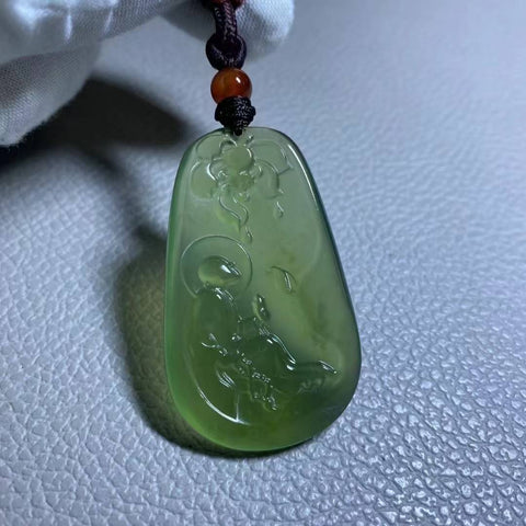 Liontin giok Xiuyan alami, hijau penuh, bunga teratai, dimensi: 29 x 49 mm, termasuk biaya pengiriman dan pajak.