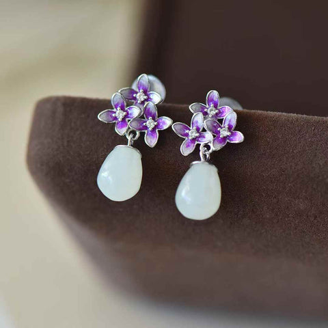 8047#925 Perak Bertahtakan Giok Hetian (7*10) Liontin Pendek Giok Putih Anting Enamel Osmanthus, gioknya hangat dan halus, biaya pengiriman dan pajak sudah termasuk.