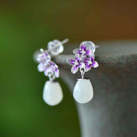 8047#925 Perak Bertahtakan Giok Hetian (7*10) Liontin Pendek Giok Putih Anting Enamel Osmanthus, gioknya hangat dan halus, biaya pengiriman dan pajak sudah termasuk.