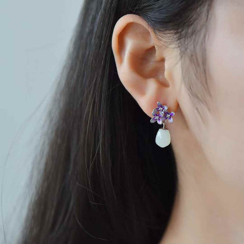 8047#925 Perak Bertahtakan Giok Hetian (7*10) Liontin Pendek Giok Putih Anting Enamel Osmanthus, gioknya hangat dan halus, biaya pengiriman dan pajak sudah termasuk.