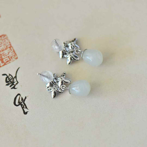 8047#925 Perak Bertahtakan Giok Hetian (7*10) Liontin Pendek Giok Putih Anting Enamel Osmanthus, gioknya hangat dan halus, biaya pengiriman dan pajak sudah termasuk.