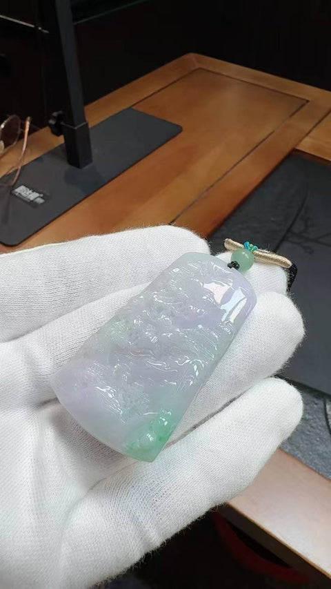 Jadeit Kelas A! Liontin lanskap musim semi! 56,9 x 29,7 mm, tebal 9,6 mm, sudah termasuk ongkos kirim dan pajak.