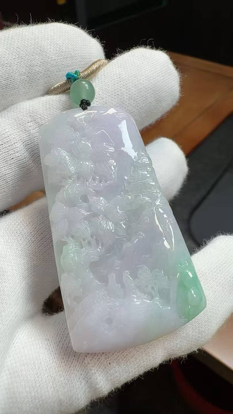 Jadeit Kelas A! Liontin lanskap musim semi! 56,9 x 29,7 mm, tebal 9,6 mm, sudah termasuk ongkos kirim dan pajak.