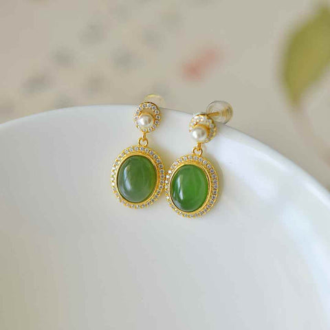 12431-2# Anting Cabochon Zirkon Hetian Jadeite Perak Sterling 925 (Emas Tebal) - Desain Unik, Tekstur Giok Hangat dan Halus. Dimensi: 8*10 cm. Biaya pengiriman dan pajak sudah termasuk.