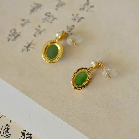 12431-2# Anting Cabochon Zirkon Hetian Jadeite Perak Sterling 925 (Emas Tebal) - Desain Unik, Tekstur Giok Hangat dan Halus. Dimensi: 8*10 cm. Biaya pengiriman dan pajak sudah termasuk.