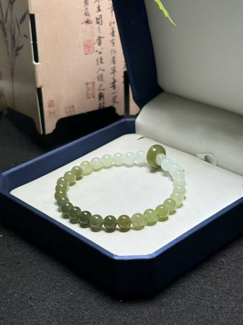 Gelang giok Hetian dengan gradasi warna hijau danau. Bahan halus. Ukuran sekitar 6 mm. Sudah termasuk ongkos kirim dan pajak.