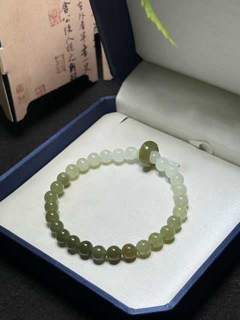 Gelang giok Hetian dengan gradasi warna hijau danau. Bahan halus. Ukuran sekitar 6 mm. Sudah termasuk ongkos kirim dan pajak.