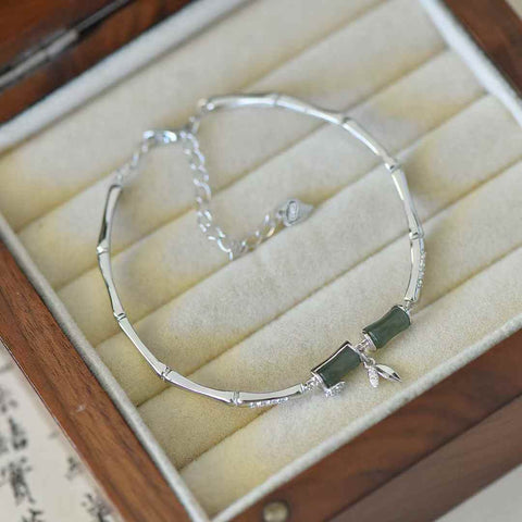 7053Q925 Gelang Zirkon Berbentuk Bambu Qinghai Giok Hetian Bertahtakan Perak (5*7) termasuk ongkos kirim dan pajak