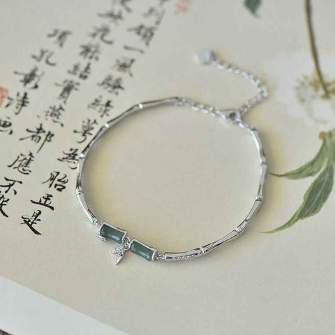 7053Q925 Gelang Zirkon Berbentuk Bambu Qinghai Giok Hetian Bertahtakan Perak (5*7) termasuk ongkos kirim dan pajak