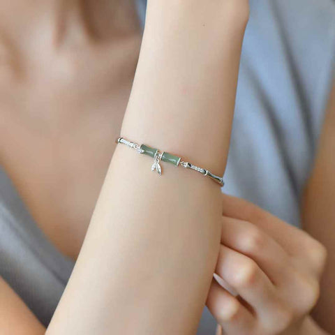 7053Q925 Gelang Zirkon Berbentuk Bambu Qinghai Giok Hetian Bertahtakan Perak (5*7) termasuk ongkos kirim dan pajak