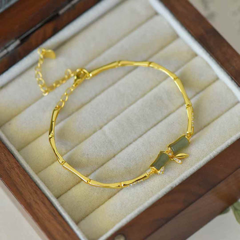 7053Q925 Gelang Zirkon Berbentuk Bambu Qinghai Giok Hetian Bertahtakan Perak (5*7) termasuk ongkos kirim dan pajak