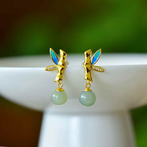 8094Q-2#s925 Anting-anting Enamel Berbentuk Bambu Bertahtakan Perak Giok Hetian, Bahan Qinghai, Manik Air Bening (Batu Lepas): 8×8 cm, termasuk biaya pengiriman dan pajak.