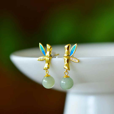 8094Q-2#s925 Anting-anting Enamel Berbentuk Bambu Bertahtakan Perak Giok Hetian, Bahan Qinghai, Manik Air Bening (Batu Lepas): 8×8 cm, termasuk biaya pengiriman dan pajak.