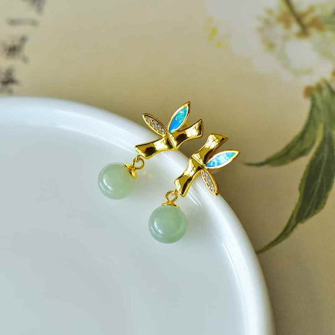 8094Q-2#s925 Anting-anting Enamel Berbentuk Bambu Bertahtakan Perak Giok Hetian, Bahan Qinghai, Manik Air Bening (Batu Lepas): 8×8 cm, termasuk biaya pengiriman dan pajak.