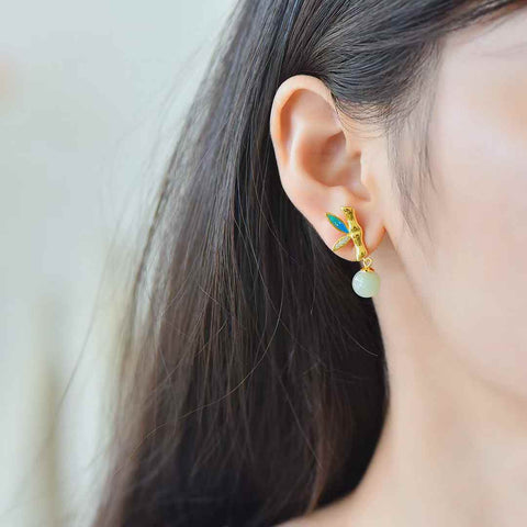8094Q-2#s925 Anting-anting Enamel Berbentuk Bambu Bertahtakan Perak Giok Hetian, Bahan Qinghai, Manik Air Bening (Batu Lepas): 8×8 cm, termasuk biaya pengiriman dan pajak.