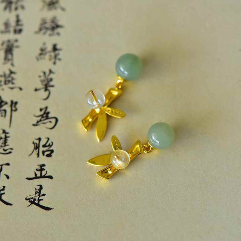 8094Q-2#s925 Anting-anting Enamel Berbentuk Bambu Bertahtakan Perak Giok Hetian, Bahan Qinghai, Manik Air Bening (Batu Lepas): 8×8 cm, termasuk biaya pengiriman dan pajak.