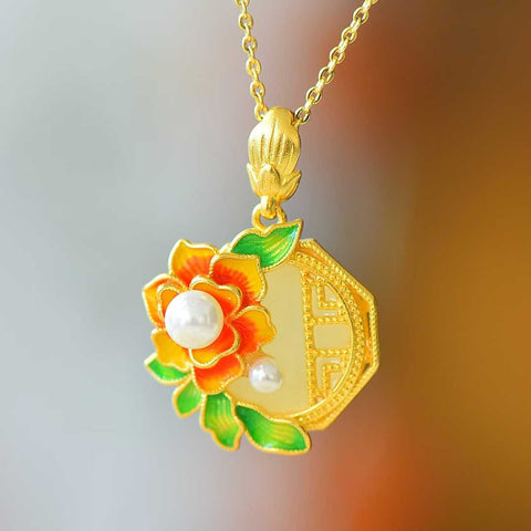 Liontin Giok Hetian Bertahtakan Perak Sterling 925 26796-6# "Bunga Mekar dan Kekayaan" dengan Mutiara. Desain baru dan gaya yang unik. Biaya pengiriman dan pajak sudah termasuk.