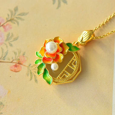 Liontin Giok Hetian Bertahtakan Perak Sterling 925 26796-6# "Bunga Mekar dan Kekayaan" dengan Mutiara. Desain baru dan gaya yang unik. Biaya pengiriman dan pajak sudah termasuk.