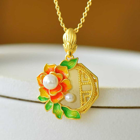 Liontin Giok Hetian Bertahtakan Perak Sterling 925 26796-6# "Bunga Mekar dan Kekayaan" dengan Mutiara. Desain baru dan gaya yang unik. Biaya pengiriman dan pajak sudah termasuk.