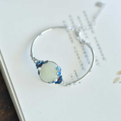 8037#, gelang perak sterling 925 dengan permukaan berbentuk drum giok Hetian, awan keberuntungan, mutiara, dan aksen enamel, ukuran: 15*15 cm, termasuk biaya pengiriman dan pajak.