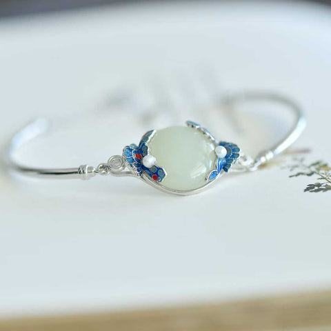 8037#, gelang perak sterling 925 dengan permukaan berbentuk drum giok Hetian, awan keberuntungan, mutiara, dan aksen enamel, ukuran: 15*15 cm, termasuk biaya pengiriman dan pajak.