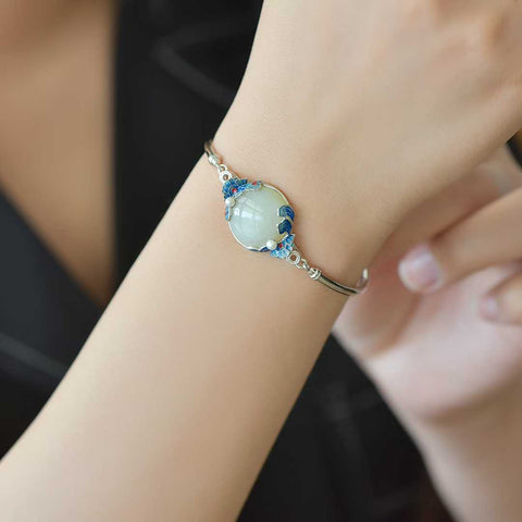 8037#, gelang perak sterling 925 dengan permukaan berbentuk drum giok Hetian, awan keberuntungan, mutiara, dan aksen enamel, ukuran: 15*15 cm, termasuk biaya pengiriman dan pajak.