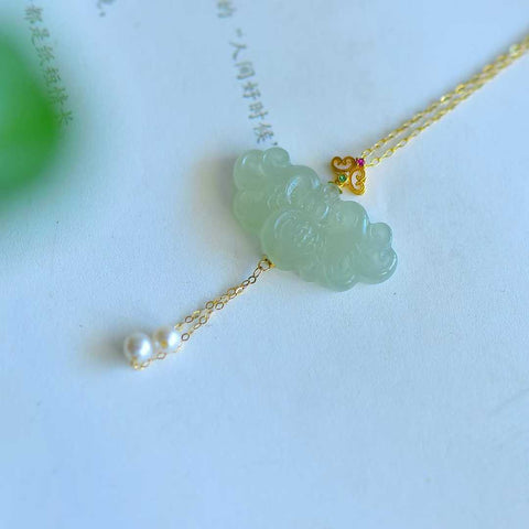 5437-2# Liontin Naga dan Phoenix Keberuntungan, Emas 18K Bertahtakan Giok Hetian (Bahan Qinghai), Liontin Rumbai Phoenix dan Mutiara yang Indah, 14*25 cm (termasuk biaya pengiriman dan pajak).