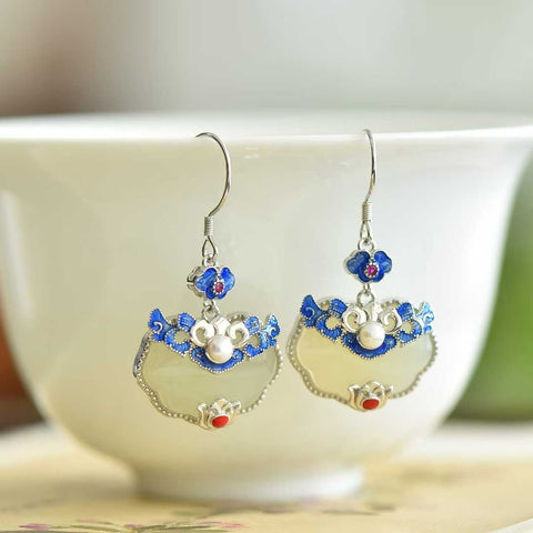 🌼🌼🌼7316#925 Anting Kunci "Benda Bertuah" Perak Sterling Bertahtakan Giok Hetian. Desain unik, elegan, dan elegan. Biaya kirim dan pajak sudah termasuk.