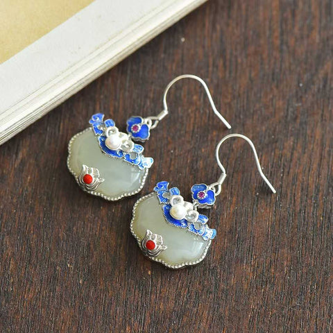 🌼🌼🌼7316#925 Anting Kunci "Benda Bertuah" Perak Sterling Bertahtakan Giok Hetian. Desain unik, elegan, dan elegan. Biaya kirim dan pajak sudah termasuk.