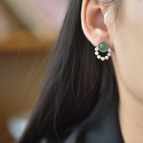 17064#925 Anting Perak Sterling dengan Tatahan Giok Hetian, Dikelilingi Bintang, Desain Kerawang, Berkilau dan Berwarna-warni, Elegan dan Halus, Sepasang Anting yang Sangat Indah dan Elegan, Termasuk Biaya Pengiriman dan Pajak.