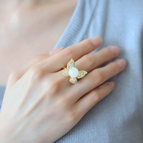 Cincin Perak 21022-2s925 dengan Mutiara, Kupu-kupu, dan Batu Zirkonia: 10*10 (termasuk ongkos kirim dan pajak)