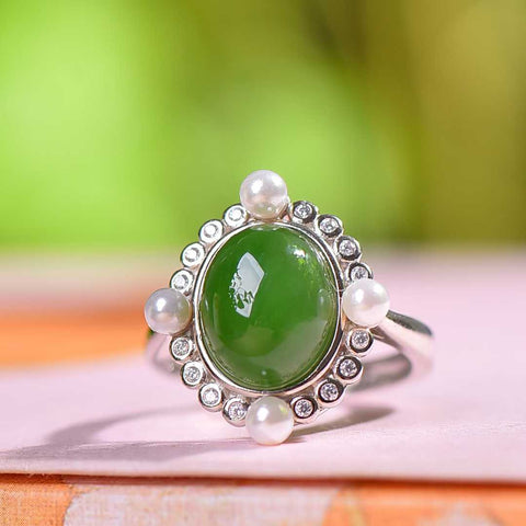 19519#925 Cincin Cabochon Giok Hetian Bertahtakan Perak (9 x 11 cm) termasuk ongkos kirim dan pajak