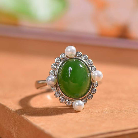 19519#925 Cincin Cabochon Giok Hetian Bertahtakan Perak (9 x 11 cm) termasuk ongkos kirim dan pajak