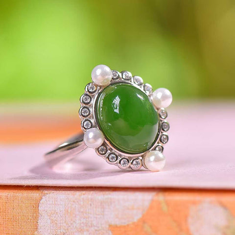 19519#925 Cincin Cabochon Giok Hetian Bertahtakan Perak (9 x 11 cm) termasuk ongkos kirim dan pajak