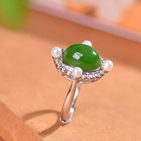 19519#925 Cincin Cabochon Giok Hetian Bertahtakan Perak (9 x 11 cm) termasuk ongkos kirim dan pajak