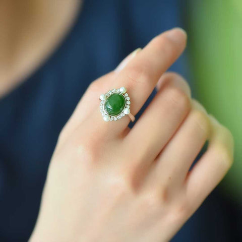 19519#925 Cincin Cabochon Giok Hetian Bertahtakan Perak (9 x 11 cm) termasuk ongkos kirim dan pajak