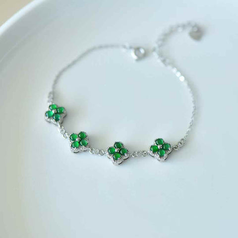 Gelang Cabochon Jadeite Bertahtakan Perak Sterling 35013#925 dengan Semanggi Empat Daun dan Zirkon. Spesifikasi Jadeite: (3*3). Termasuk ongkos kirim dan pajak.