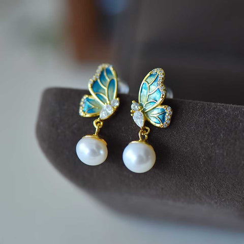 Anting Kupu-kupu Enamel Mutiara Perak 22120-2s925 (Batu Lepas): 8*8 cm (termasuk ongkos kirim dan pajak)