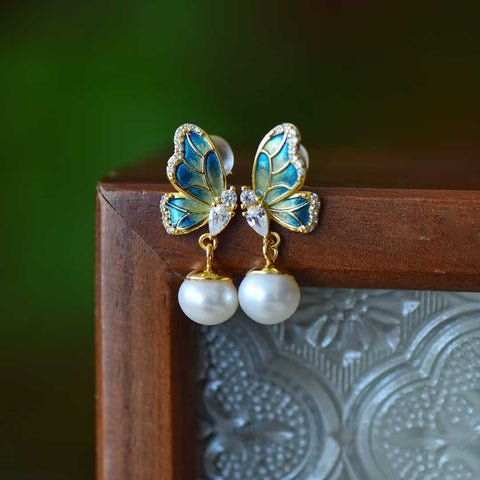 Anting Kupu-kupu Enamel Mutiara Perak 22120-2s925 (Batu Lepas): 8*8 cm (termasuk ongkos kirim dan pajak)
