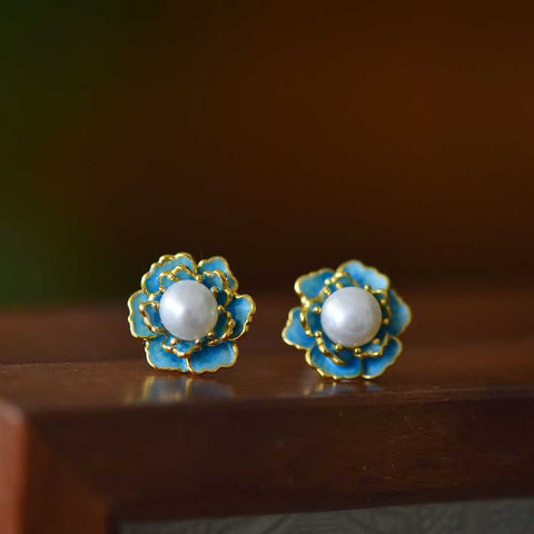 22157s925 Anting Enamel Mutiara Perak Camellia (6*6) termasuk ongkos kirim dan pajak