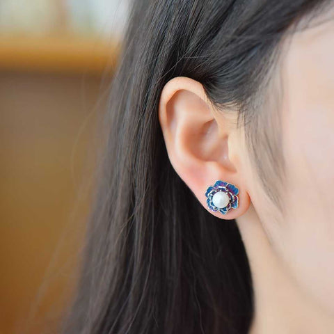 22157s925 Anting Enamel Mutiara Perak Camellia (6*6) termasuk ongkos kirim dan pajak