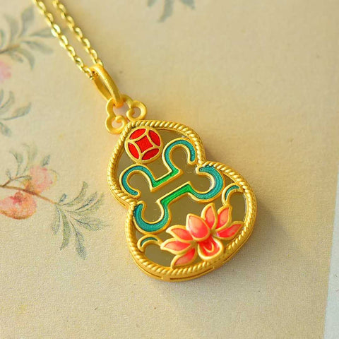 26766-6# 925 Liontin Labu Giok Hetian dan Enamel Teratai Bertahtakan Perak Sterling, termasuk biaya pengiriman dan pajak.